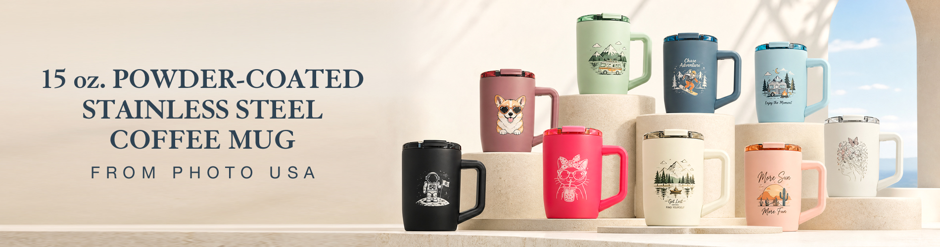 Sublimation blanks: a collection of 15 oz powder-coated stainless steel travel mugs for custom printing, wholesale from Photo USA.